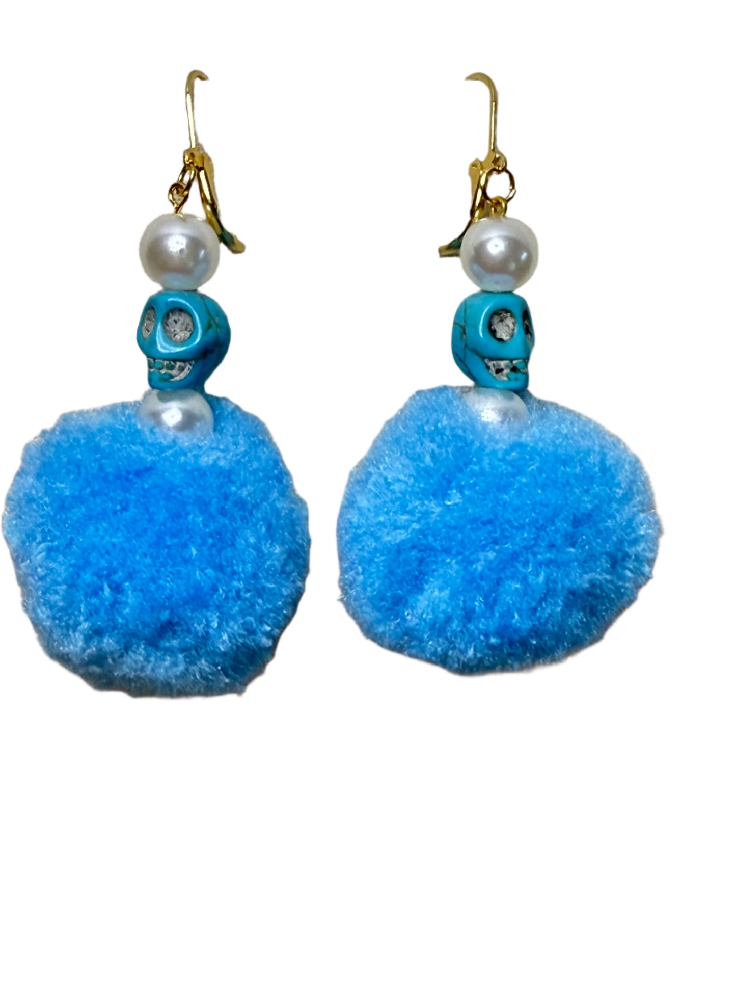 Cyan Skull Performance Puff Pom Pom Earrings