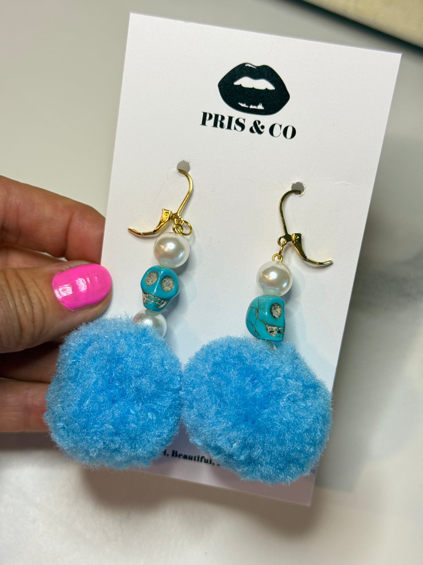 Cyan Skull Performance Puff Pom Pom Earrings