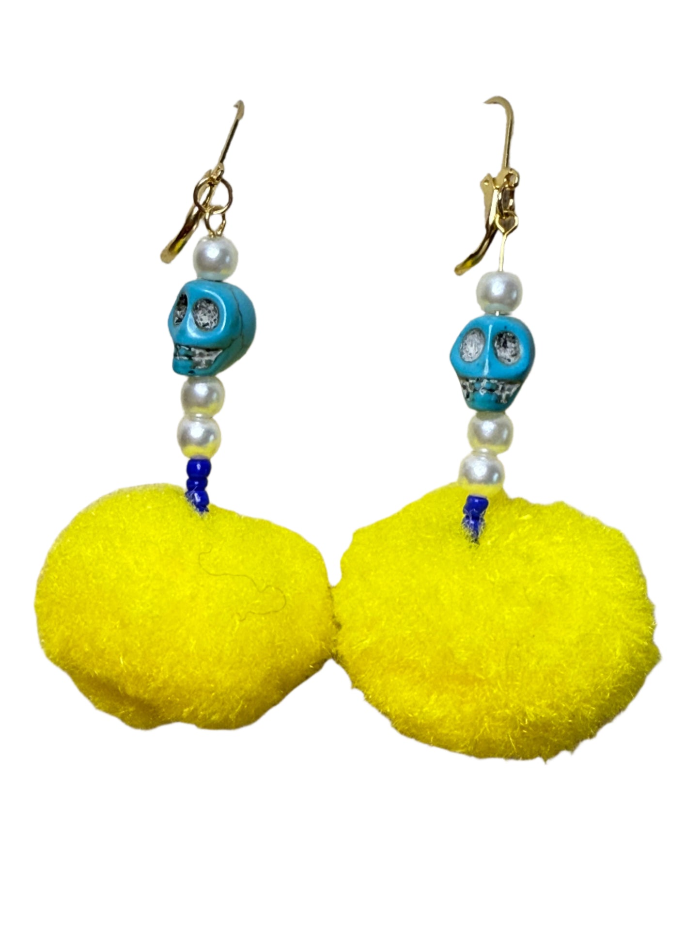 Mellow Yellow blue skull Performance Puff Pom Pom Earrings