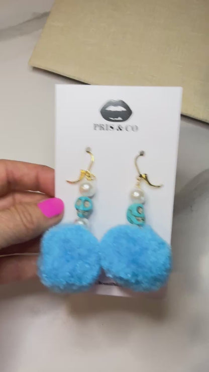 Cyan Skull Performance Puff Pom Pom Earrings